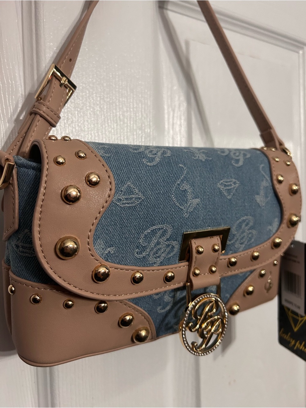 Baby Phat Blue Denim and Nude Studded Shoulder Bag